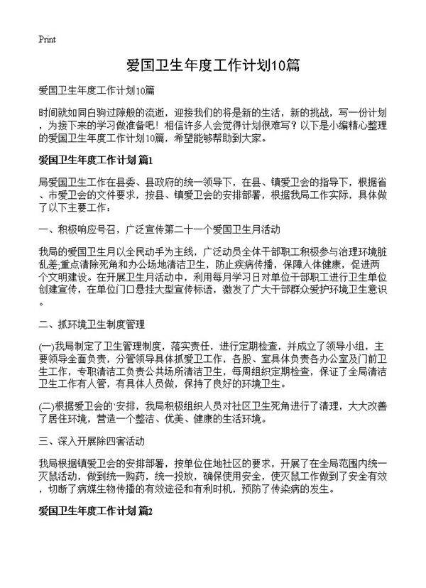 爱国卫生年度工作计划10篇