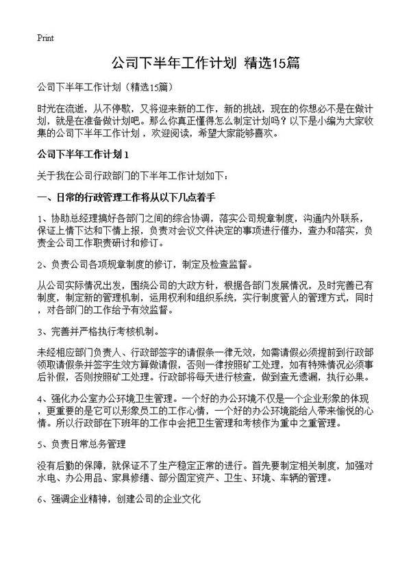 公司下半年工作计划15篇