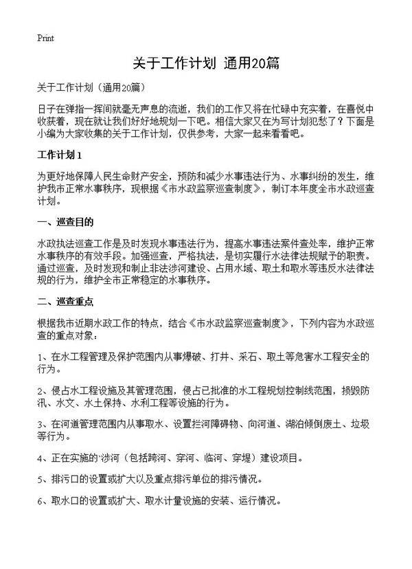 关于工作计划20篇