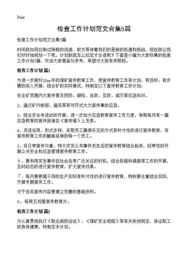 检查工作计划范文合集5篇