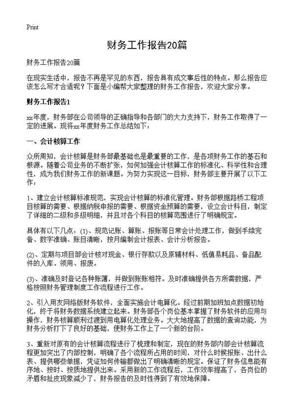 财务工作报告20篇