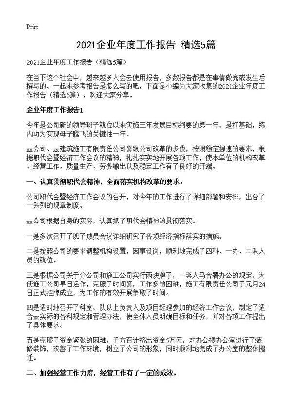 2021企业年度工作报告5篇