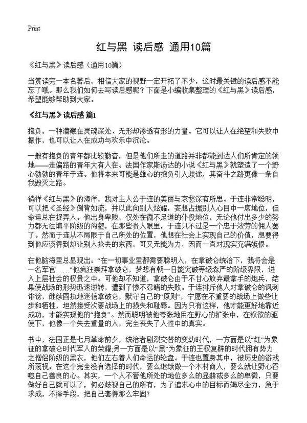 《红与黑》读后感10篇