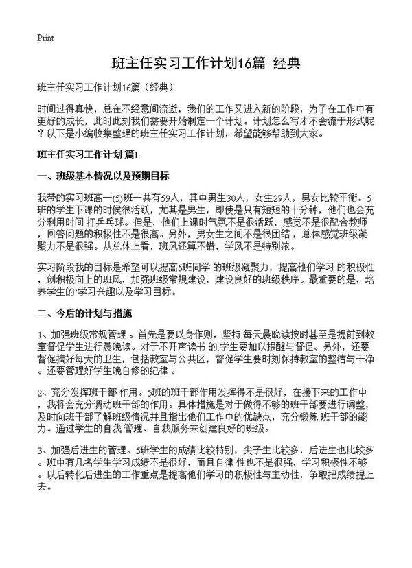 班主任实习工作计划16篇