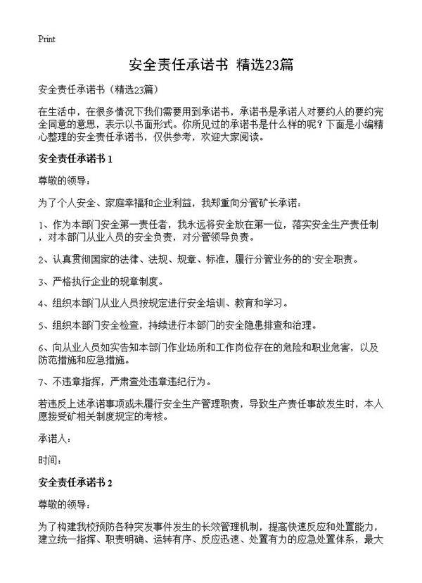 安全责任承诺书23篇