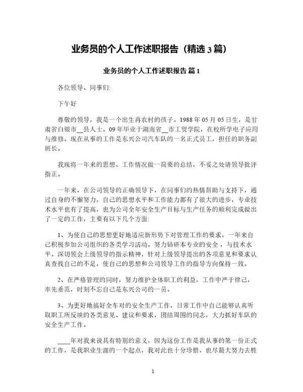 业务员的个人工作述职报告(精选3篇)