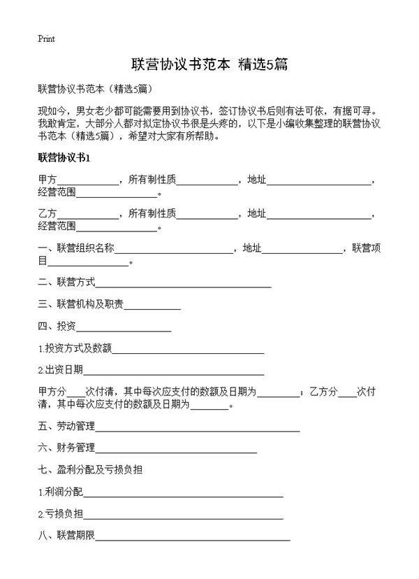 联营协议书范本5篇