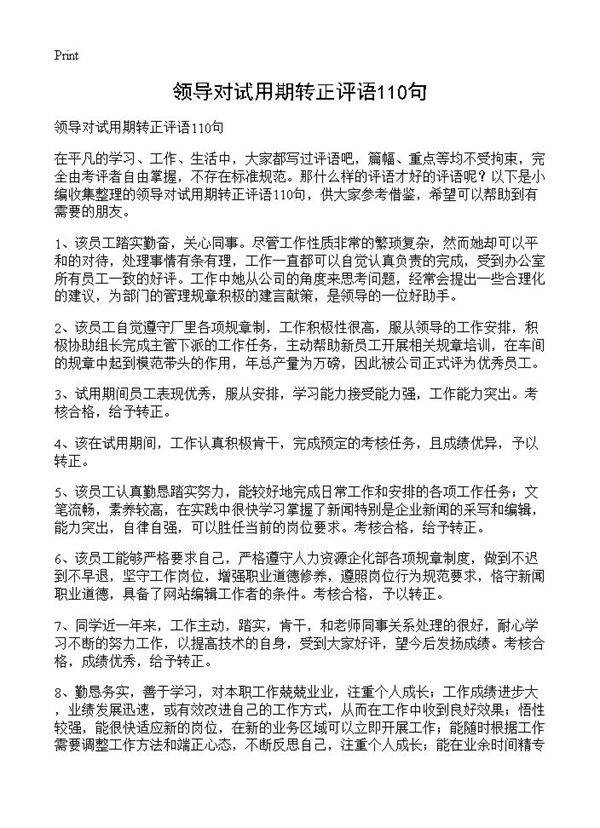 领导对试用期转正评语110句