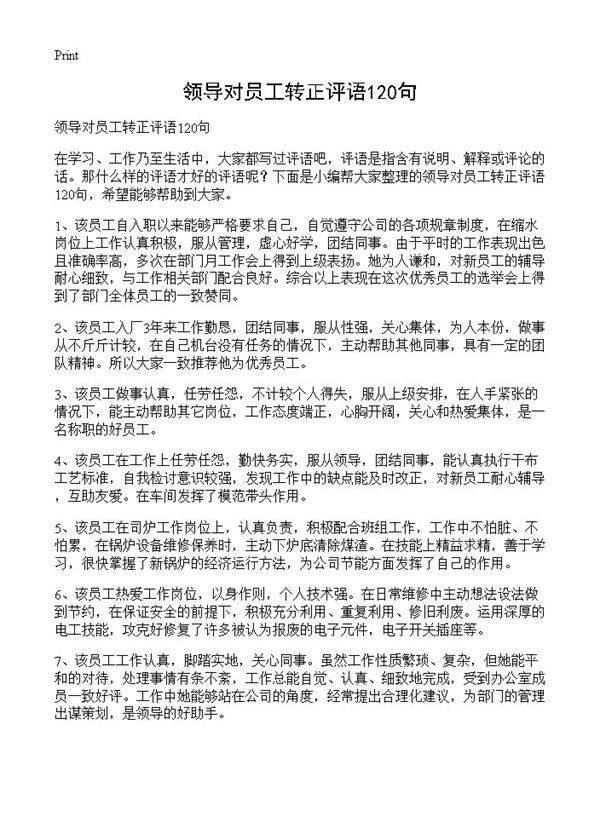领导对员工转正评语120句