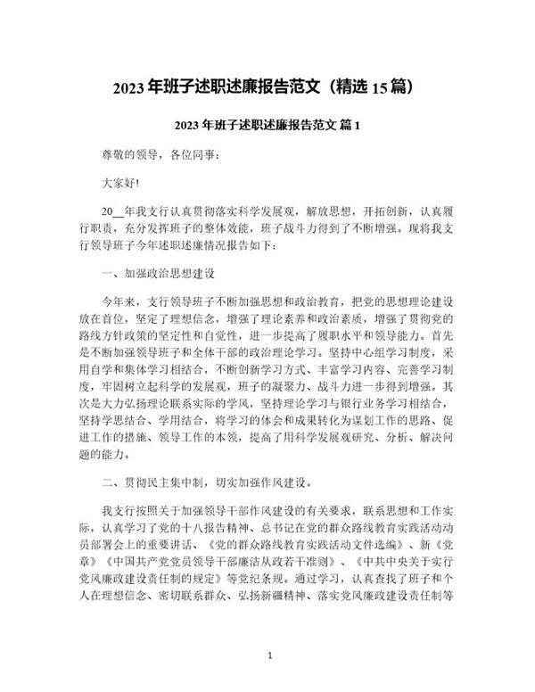 年班子述职述廉报告范文(精选15篇)