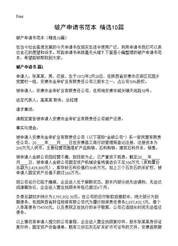 破产申请书范本10篇