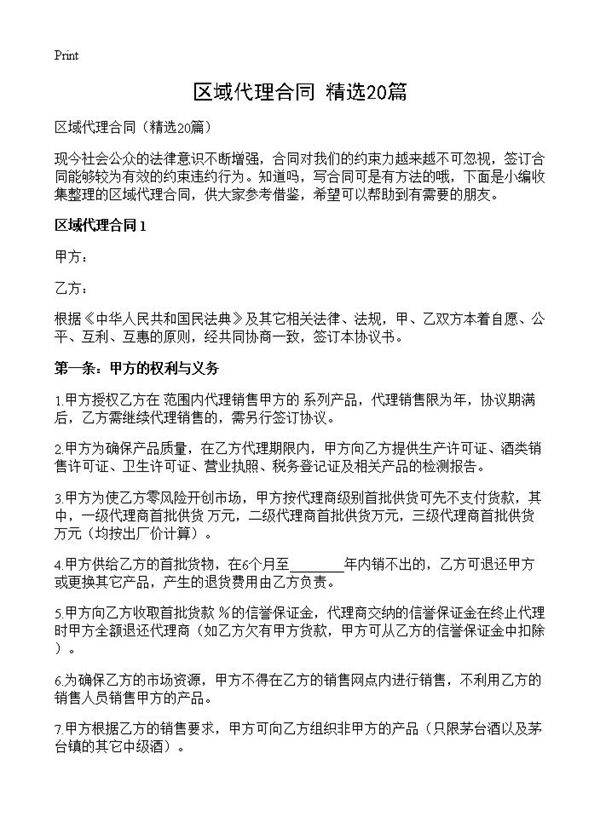 区域代理合同20篇