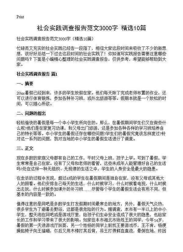 社会实践调查报告范文3000字10篇