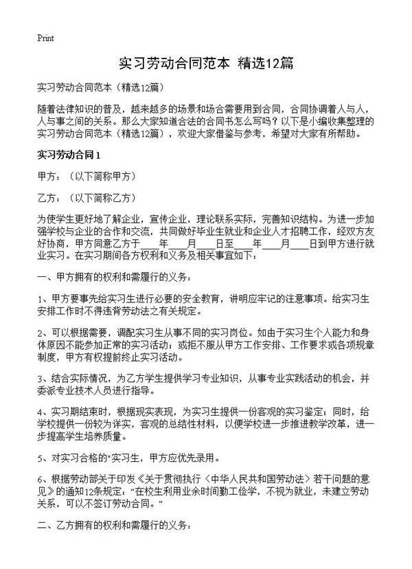 实习劳动合同范本12篇