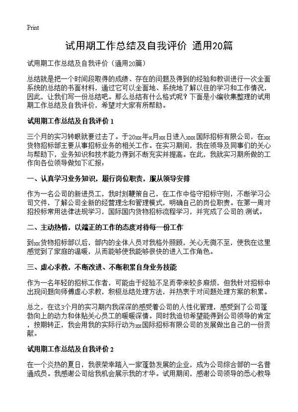 试用期工作总结及自我评价20篇