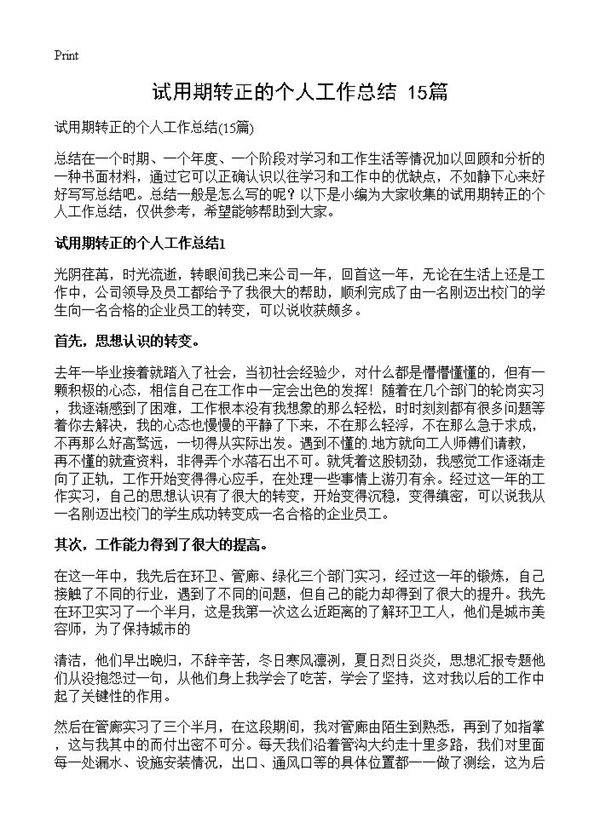 试用期转正的个人工作总结15篇