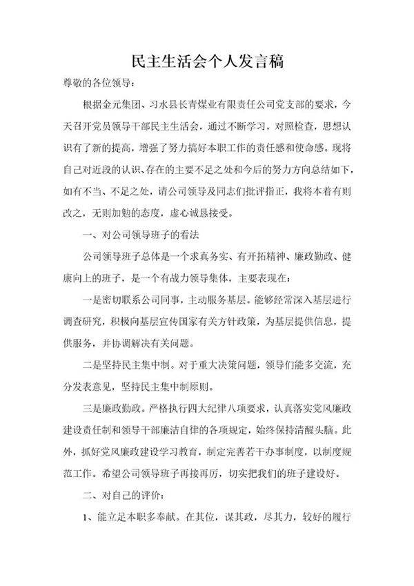 民主生活会个人发言稿