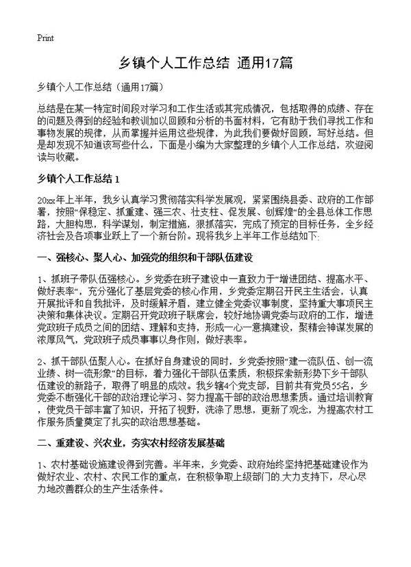 乡镇个人工作总结17篇