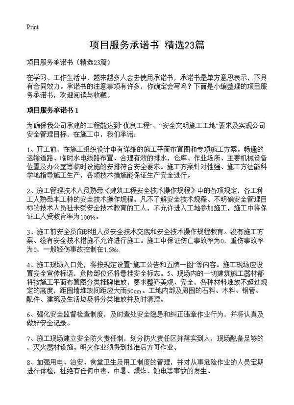 项目服务承诺书23篇