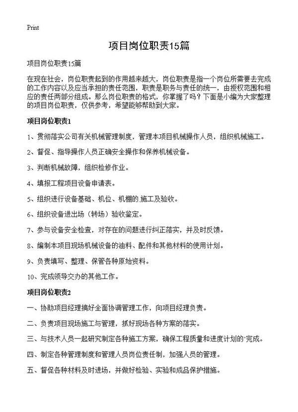 项目岗位职责15篇