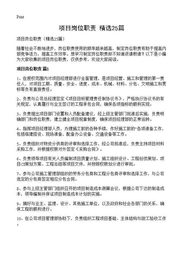 项目岗位职责25篇