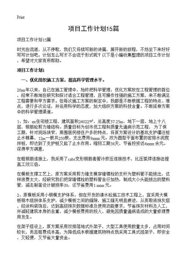 项目工作计划15篇