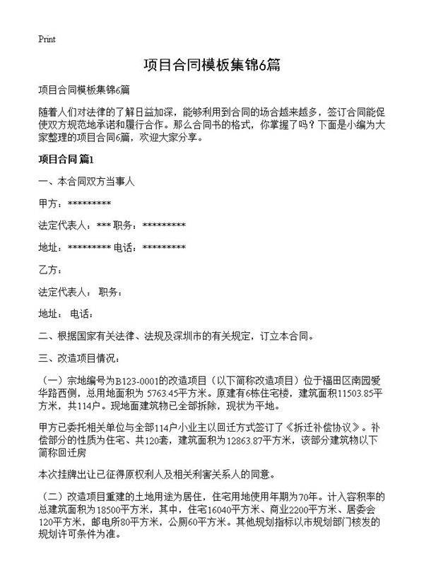 项目合同模板集锦6篇