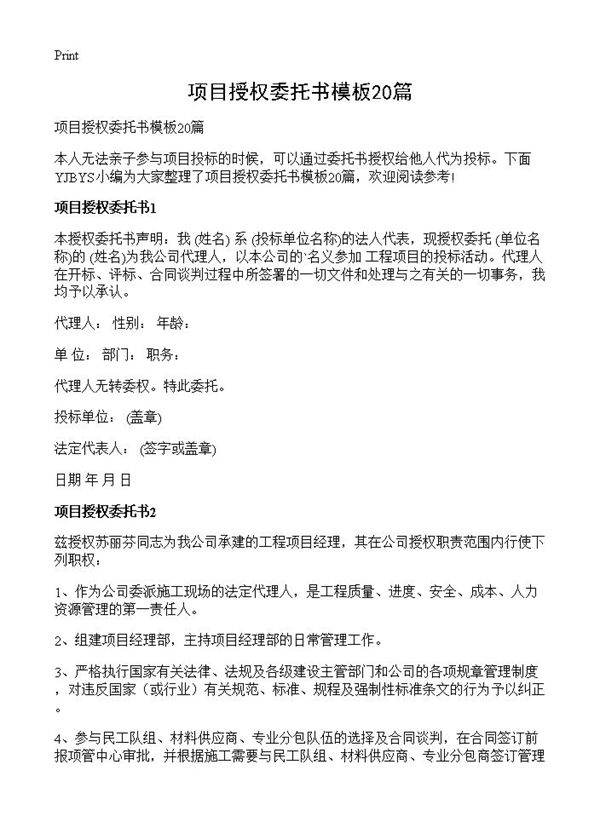 项目授权委托书模板20篇