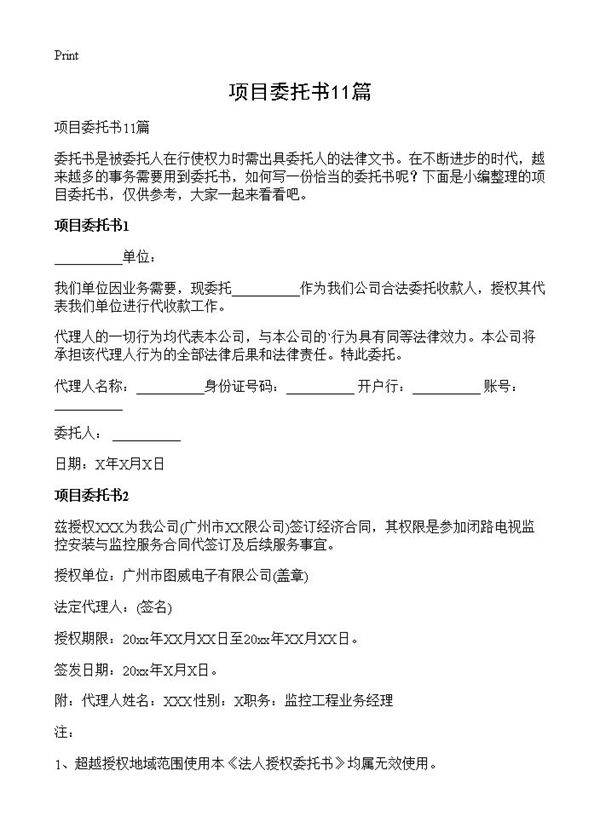 项目委托书11篇