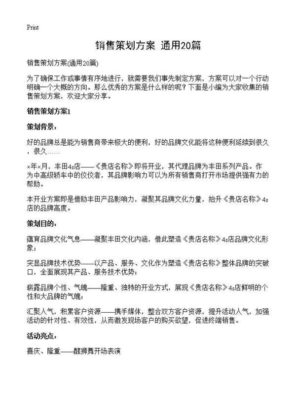 销售策划方案20篇