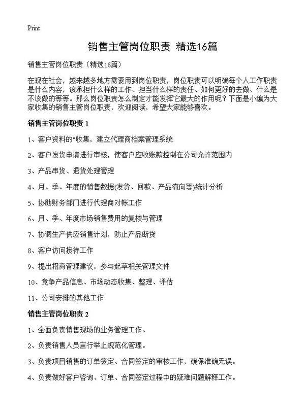 销售主管岗位职责16篇