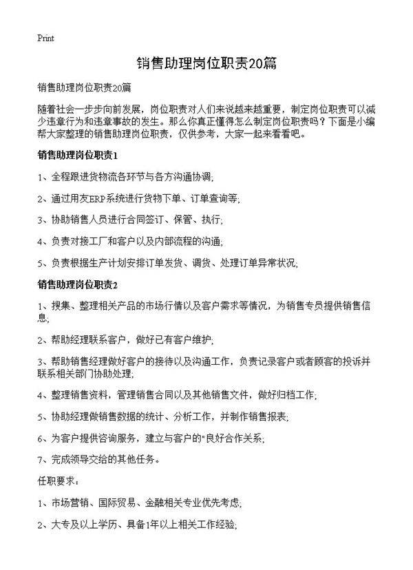 销售助理岗位职责20篇