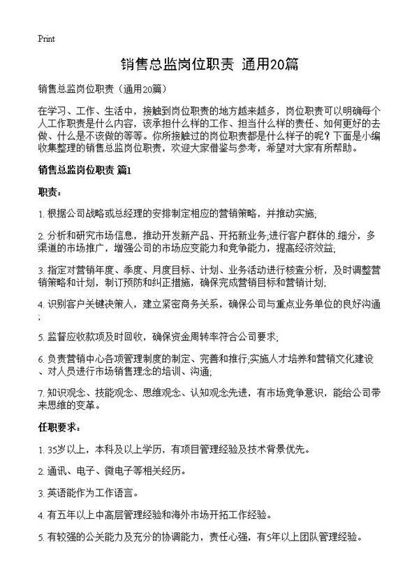 销售总监岗位职责20篇