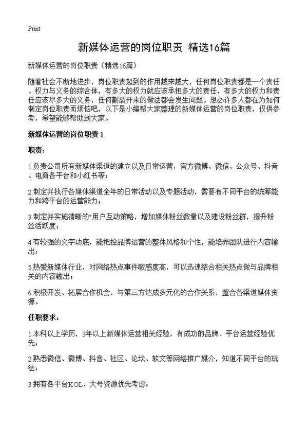 新媒体运营的岗位职责16篇