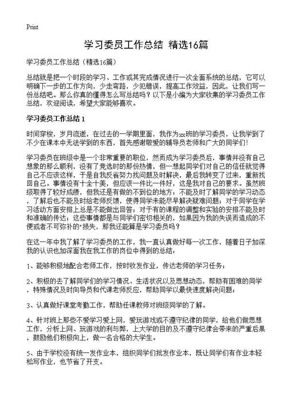 学习委员工作总结16篇