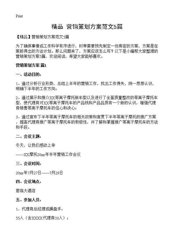 营销策划方案范文5篇