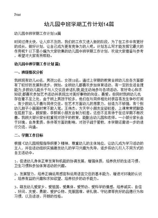 幼儿园中班学期工作计划14篇