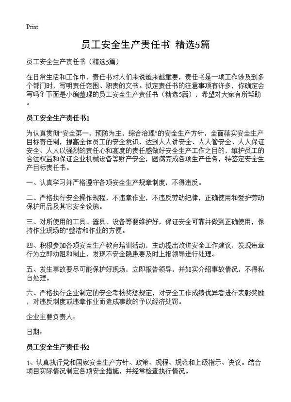 员工安全生产责任书5篇