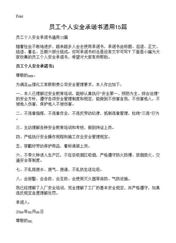员工个人安全承诺书通用15篇