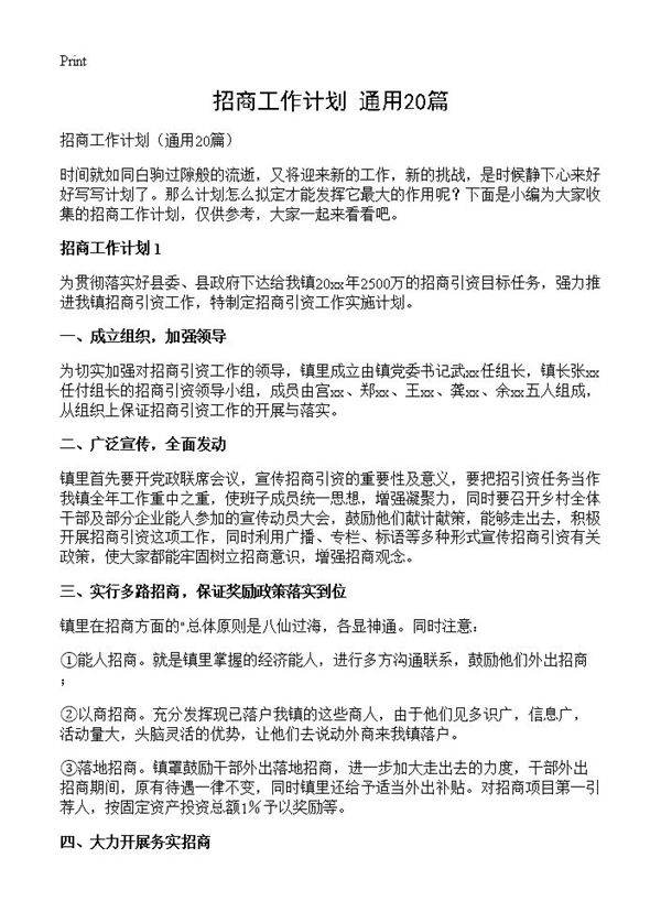 招商工作计划20篇