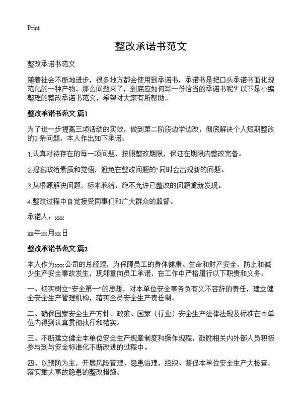整改承诺书范文