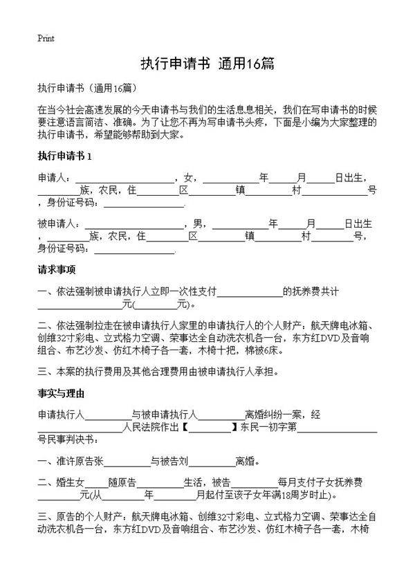 执行申请书16篇
