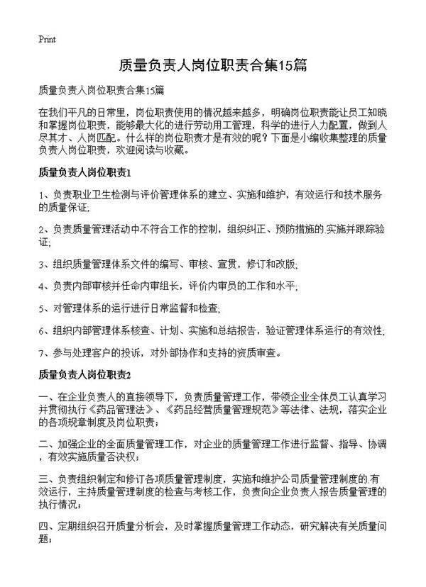 质量负责人岗位职责合集15篇