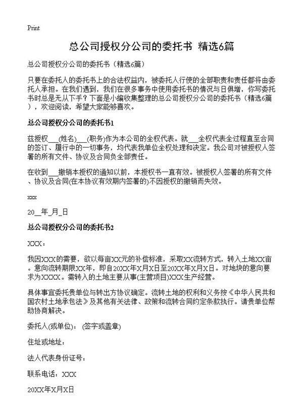 总公司授权分公司的委托书6篇