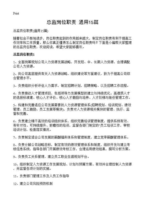 总监岗位职责15篇