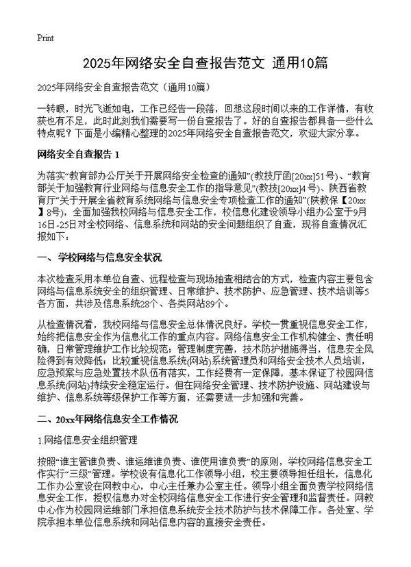 2025年网络安全自查报告范文10篇