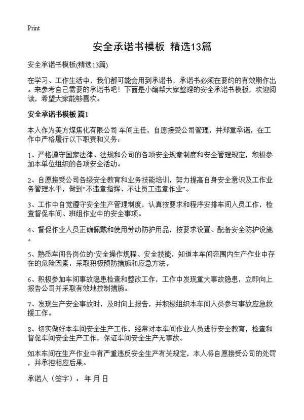 安全承诺书模板13篇