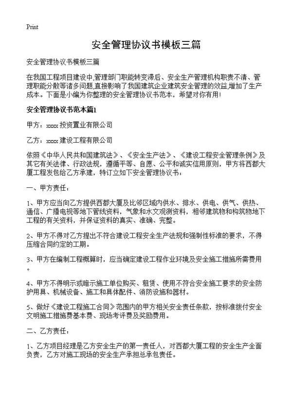 安全管理协议书模板三篇