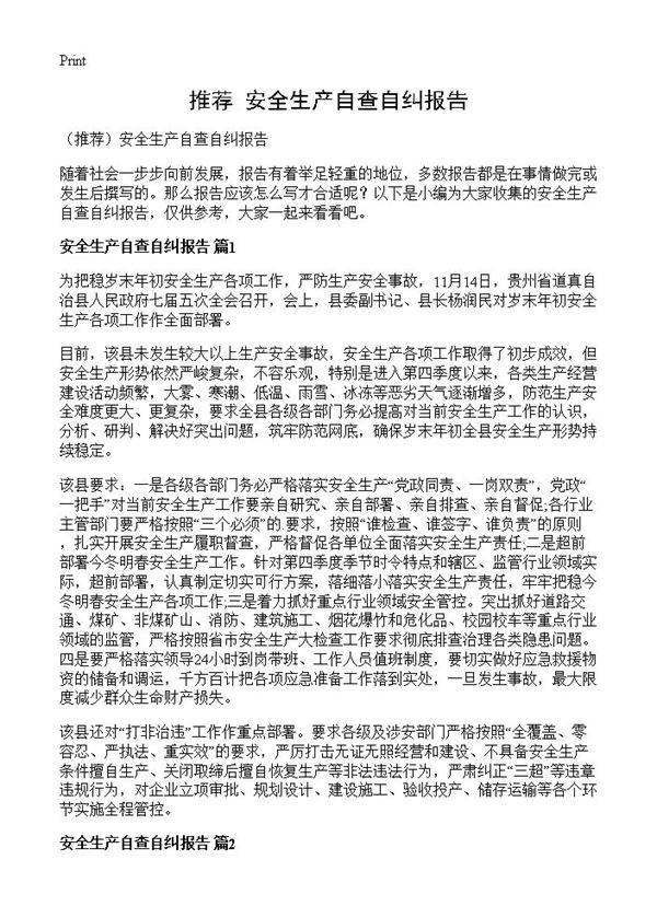 安全生产自查自纠报告