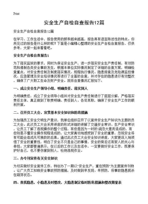 安全生产自检自查报告12篇
